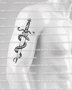 Snake and dagger tattoo design shown on mens upper arm placement, with coiled snake, straight dagger, and readable shaded detail.