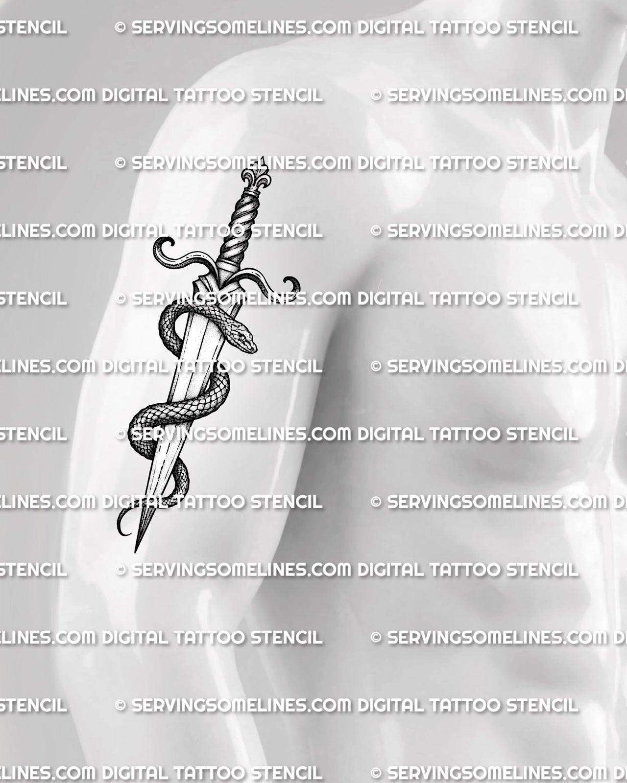 Snake and dagger tattoo design shown on mens upper arm placement, with coiled snake, straight dagger, and readable shaded detail.