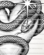 Close-up of snake heart tattoo stencil showing snake scales, shaded heart, head detail, starburst, and clean linework.