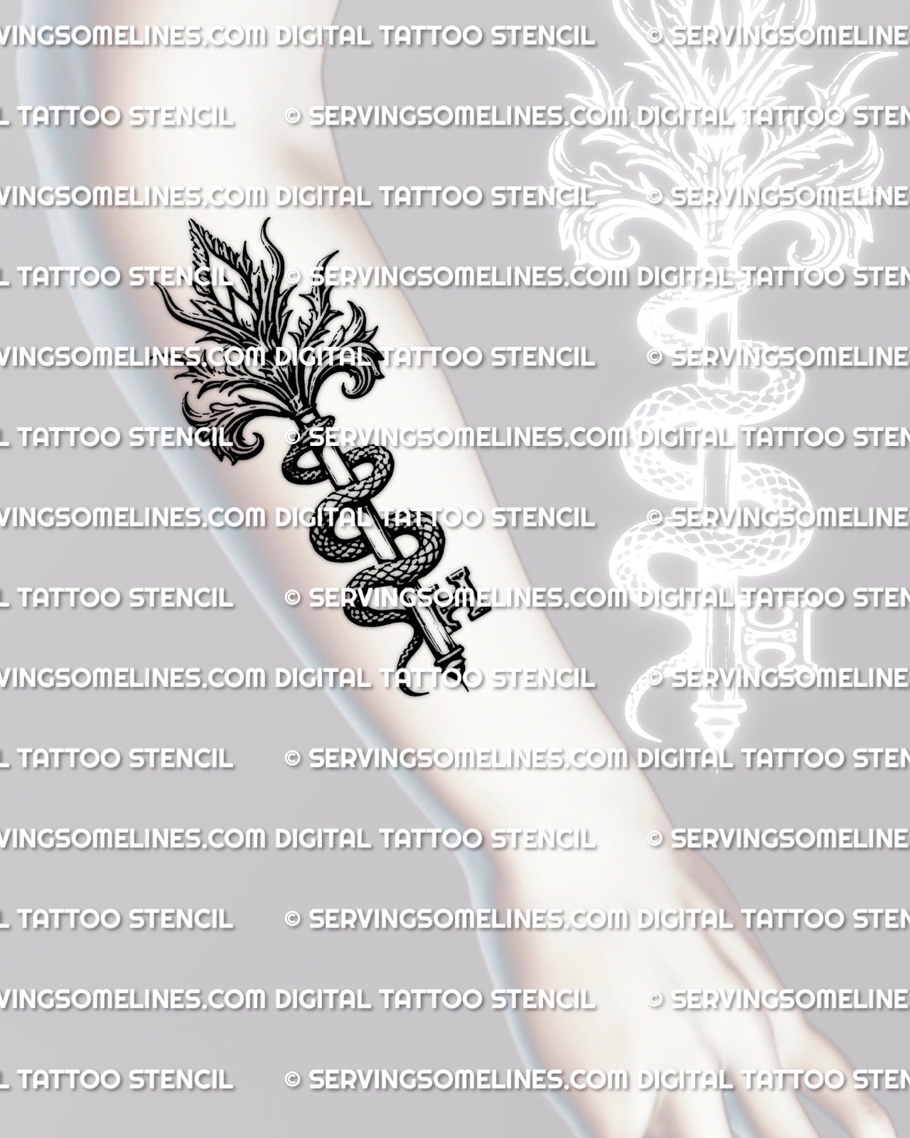 Snake key tattoo stencil shown on forearm placement example, serpent wrapped key with scale texture and sharp tip.