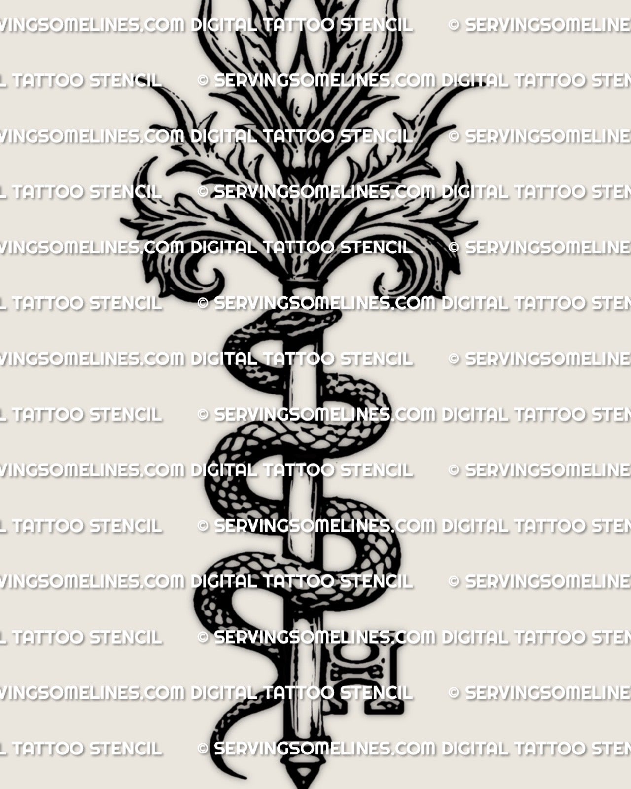 Snake key tattoo stencil design, gothic serpent coiled around a relic key, clean linework for printing and transfer.