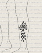 Snake key tattoo stencil displayed on lower leg placement example, gothic serpent key with coiled body and relic spine.