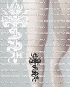 Snake key tattoo stencil shown on shin placement example, gothic serpent coil around key, designed to stay readable.