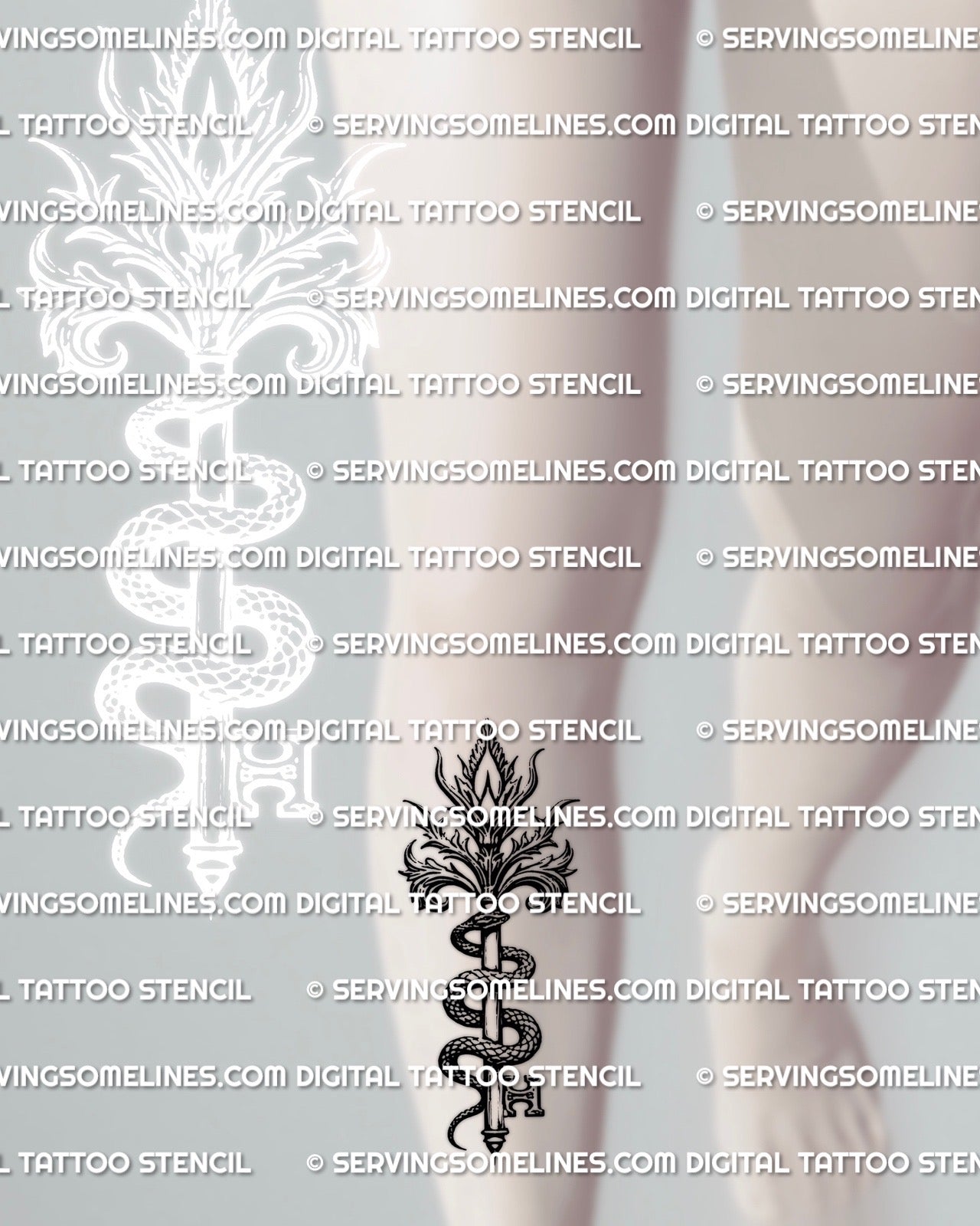 Snake key tattoo stencil shown on shin placement example, gothic serpent coil around key, designed to stay readable.