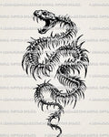 Snake skeleton tattoo stencil with snake skull head, open jaw, spiked rib body, and dark fantasy serpent shape.