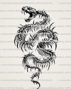 Snake skeleton tattoo stencil with snake skull head, open jaw, spiked rib body, and dark fantasy serpent shape.