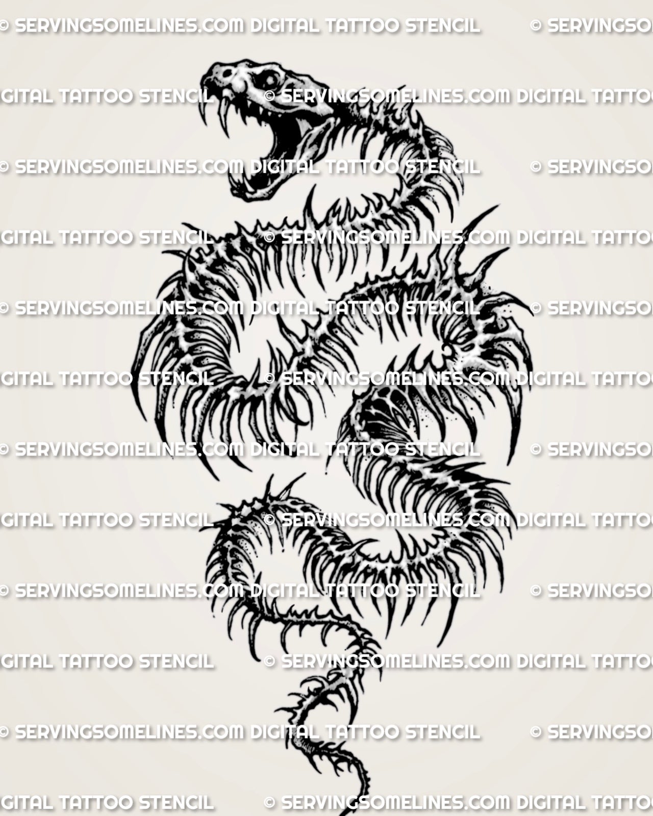 Snake skeleton tattoo stencil with snake skull head, open jaw, spiked rib body, and dark fantasy serpent shape.