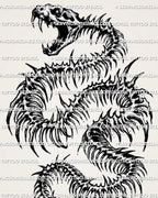 Close-up of snake skull tattoo detail showing open jaw, exposed rib sections, pointed bone edges, and dark serpent texture.