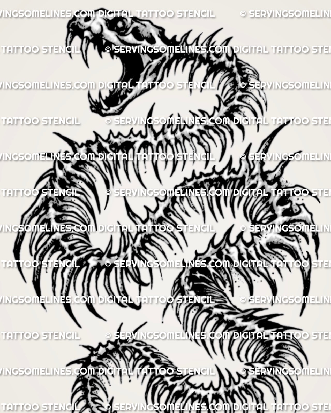 Close-up of snake skull tattoo detail showing open jaw, exposed rib sections, pointed bone edges, and dark serpent texture.