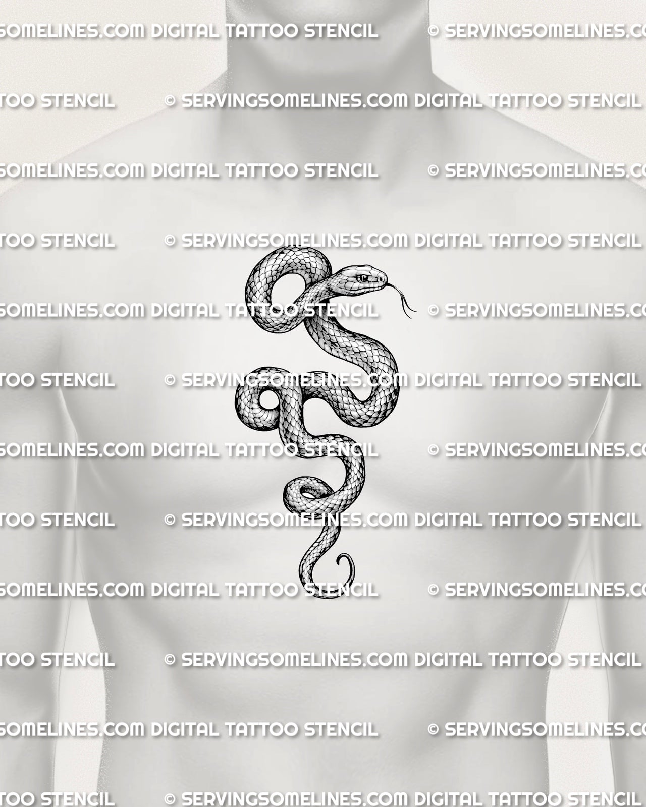 Snake tattoo design shown on men’s chest center placement with long curved serpent body and detailed scale texture.
