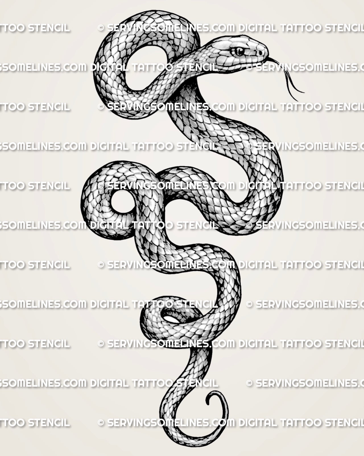 Snake tattoo stencil with detailed scale texture, raised serpent head, forked tongue, and long curved body.