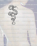 Snake tattoo stencil shown on men’s upper back center placement with curved serpent body, raised head, and detailed scales.