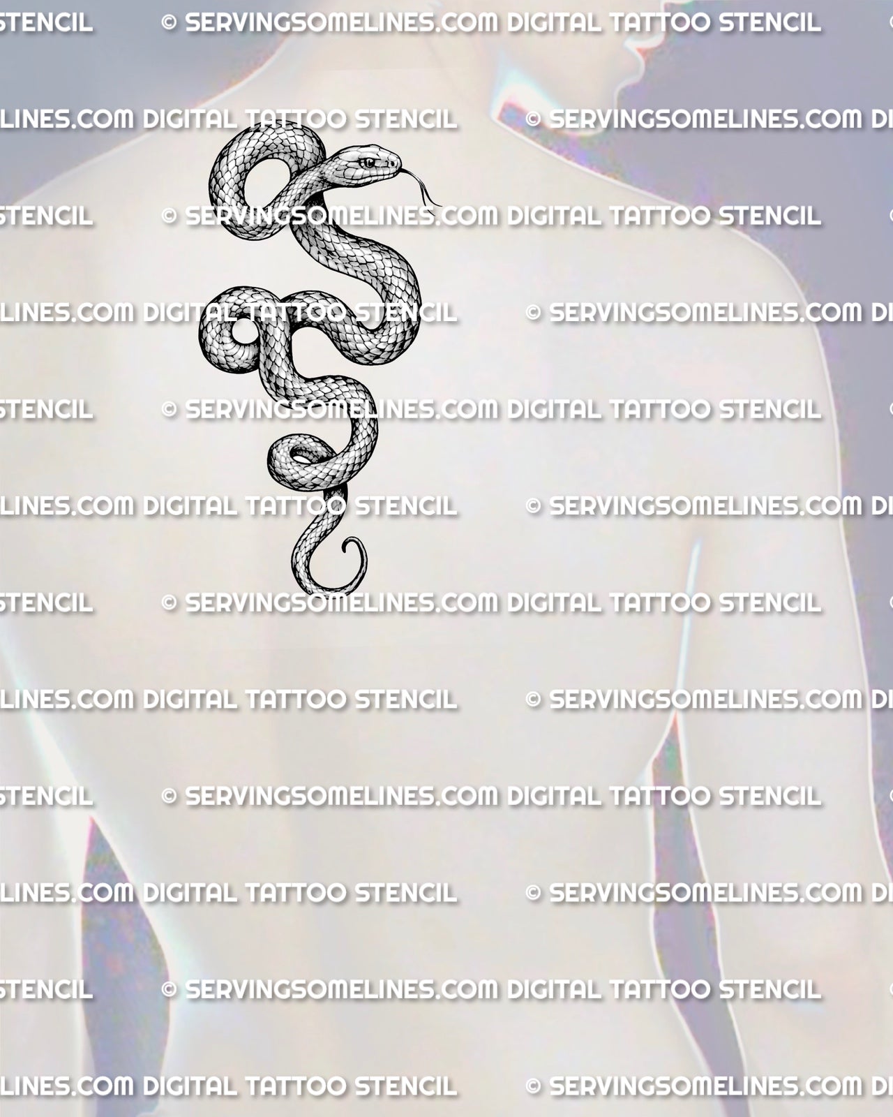 Snake tattoo stencil shown on men’s upper back center placement with curved serpent body, raised head, and detailed scales.