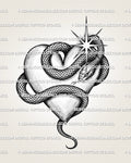 Snake tattoo stencil with coiled serpent wrapped around a shaded heart, scale texture, starburst detail, and pointed tail.