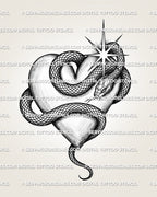 Snake tattoo stencil with coiled serpent wrapped around a shaded heart, scale texture, starburst detail, and pointed tail.