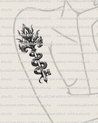 Snake wrapped key tattoo stencil shown on upper arm placement example, gothic serpent key with tight coil and clean edges.