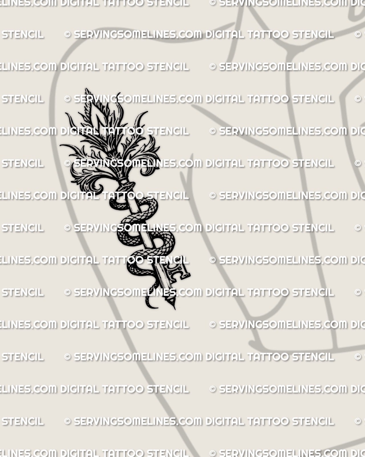 Snake wrapped key tattoo stencil shown on upper arm placement example, gothic serpent key with tight coil and clean edges.