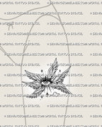 Soft angel eye tattoo shown on feminine thigh placement, with winged eye detail, small cloud accent, and star elements.