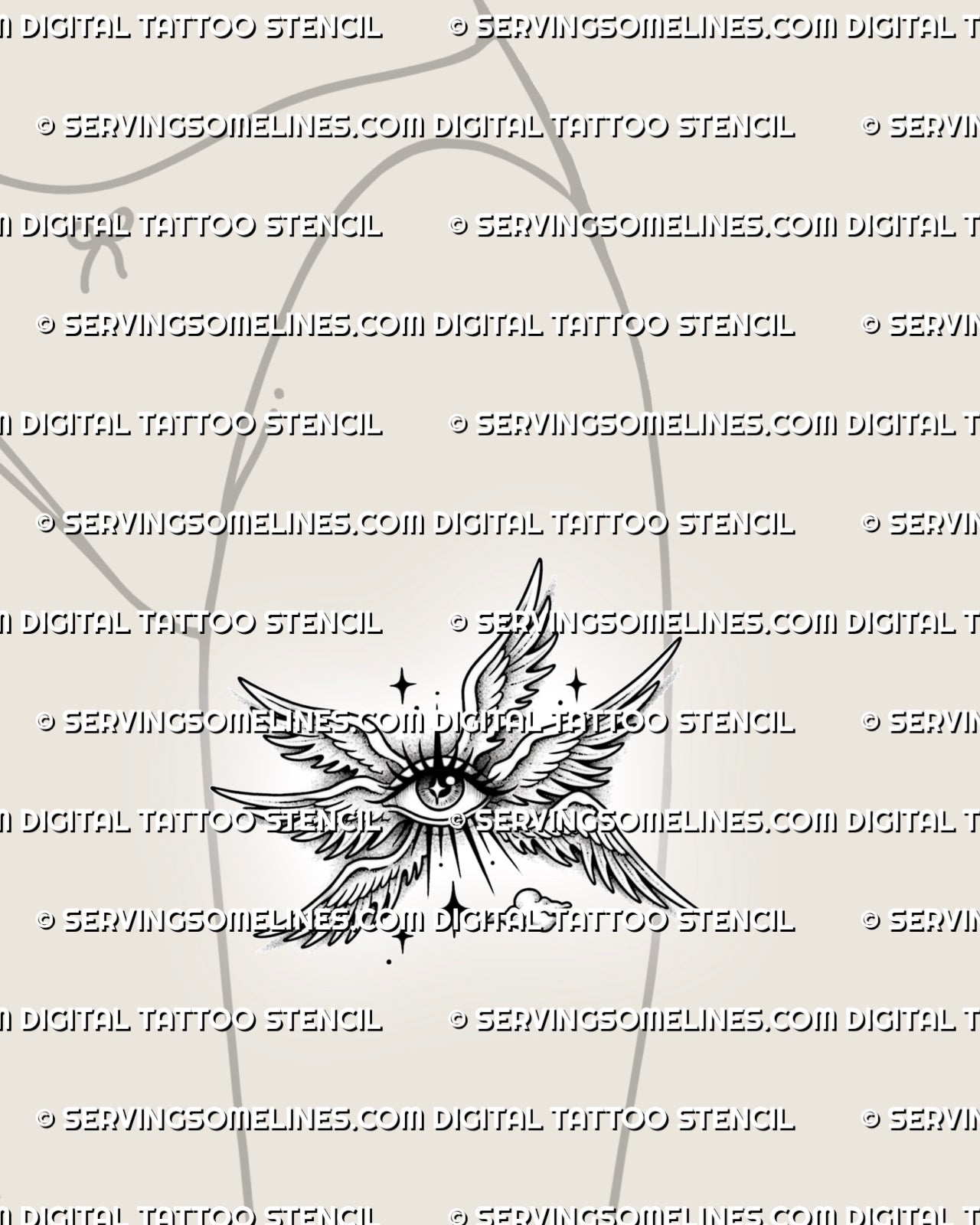 Soft angel eye tattoo shown on feminine thigh placement, with winged eye detail, small cloud accent, and star elements.