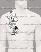 Spider and web tattoo shown on a man’s side chest with a solid black spider, elongated thorn-like web, gothic stars, and expressive cybersigilism linework