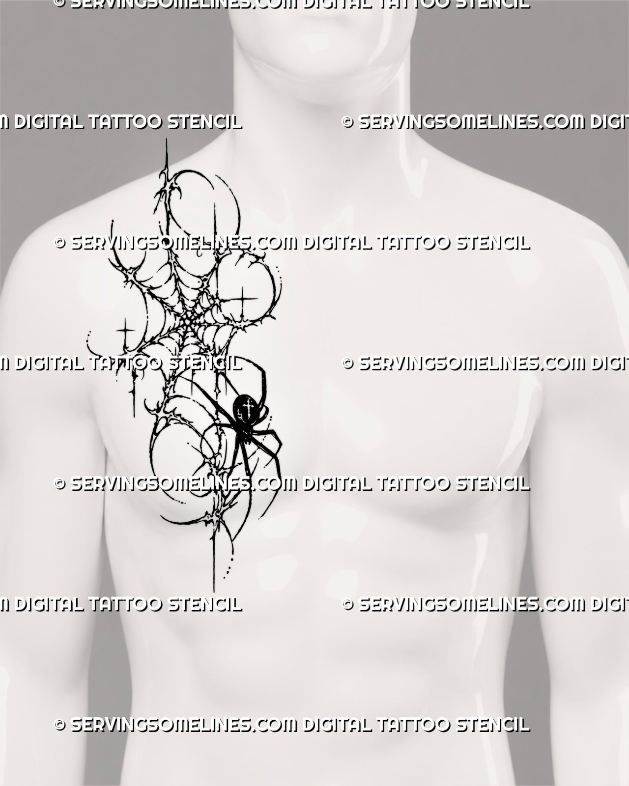 Spider and web tattoo shown on a man’s side chest with a solid black spider, elongated thorn-like web, gothic stars, and expressive cybersigilism linework