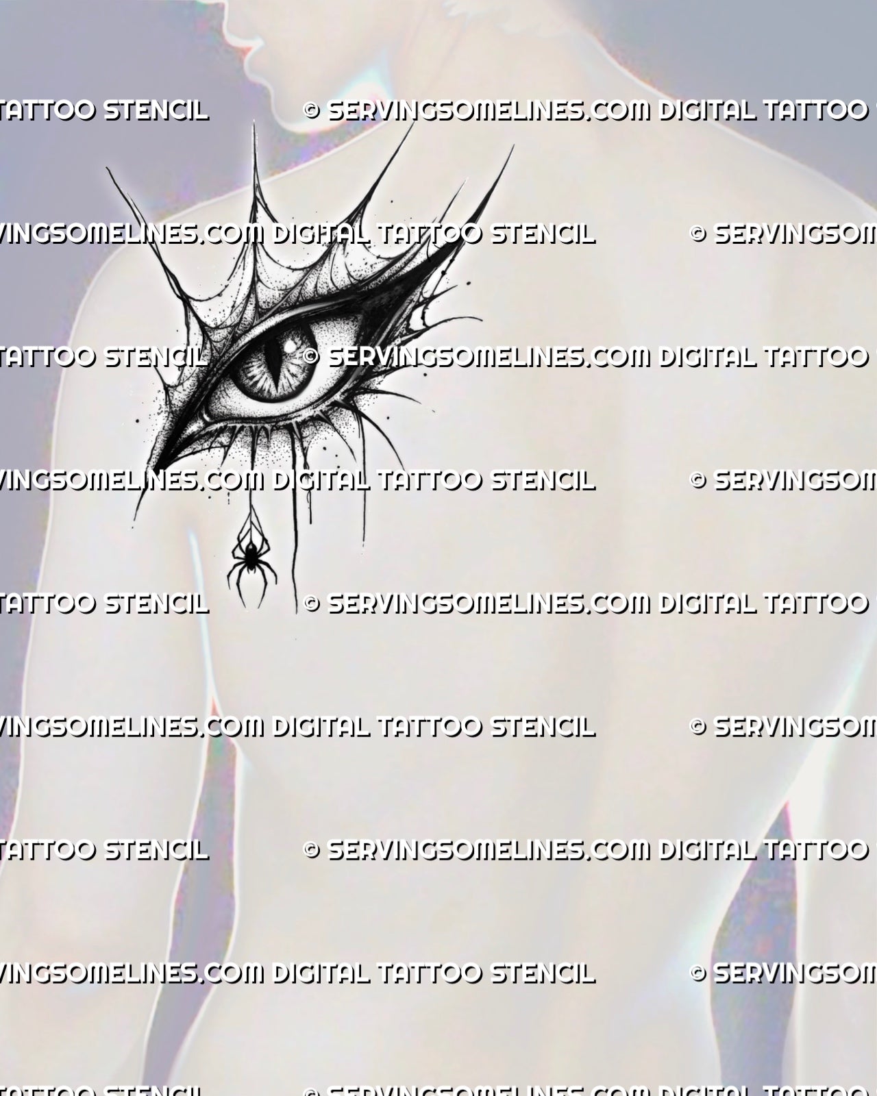 Spider eye tattoo preview on men’s shoulder, with gothic web structure, sharp eyelid points, fine lashes, and dark shading.