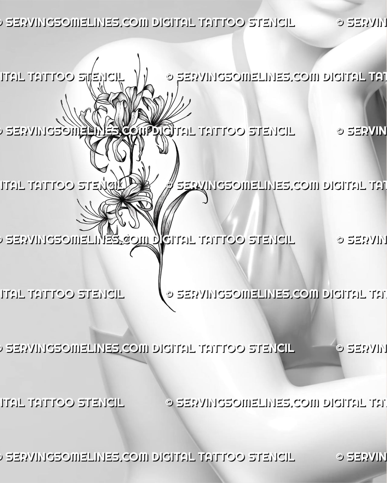 Spider lily flower tattoo stencil shown on women’s arm placement, with two blooms, curved stem, and clean botanical linework 