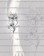 Spider lily stencil tattoo shown on forearm placement, with flowing stem, open blooms, and readable floral detail