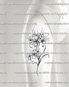 Spider lily tattoo design shown on women’s thigh placement, with long stamens, vertical flower flow, and botanical shading 
