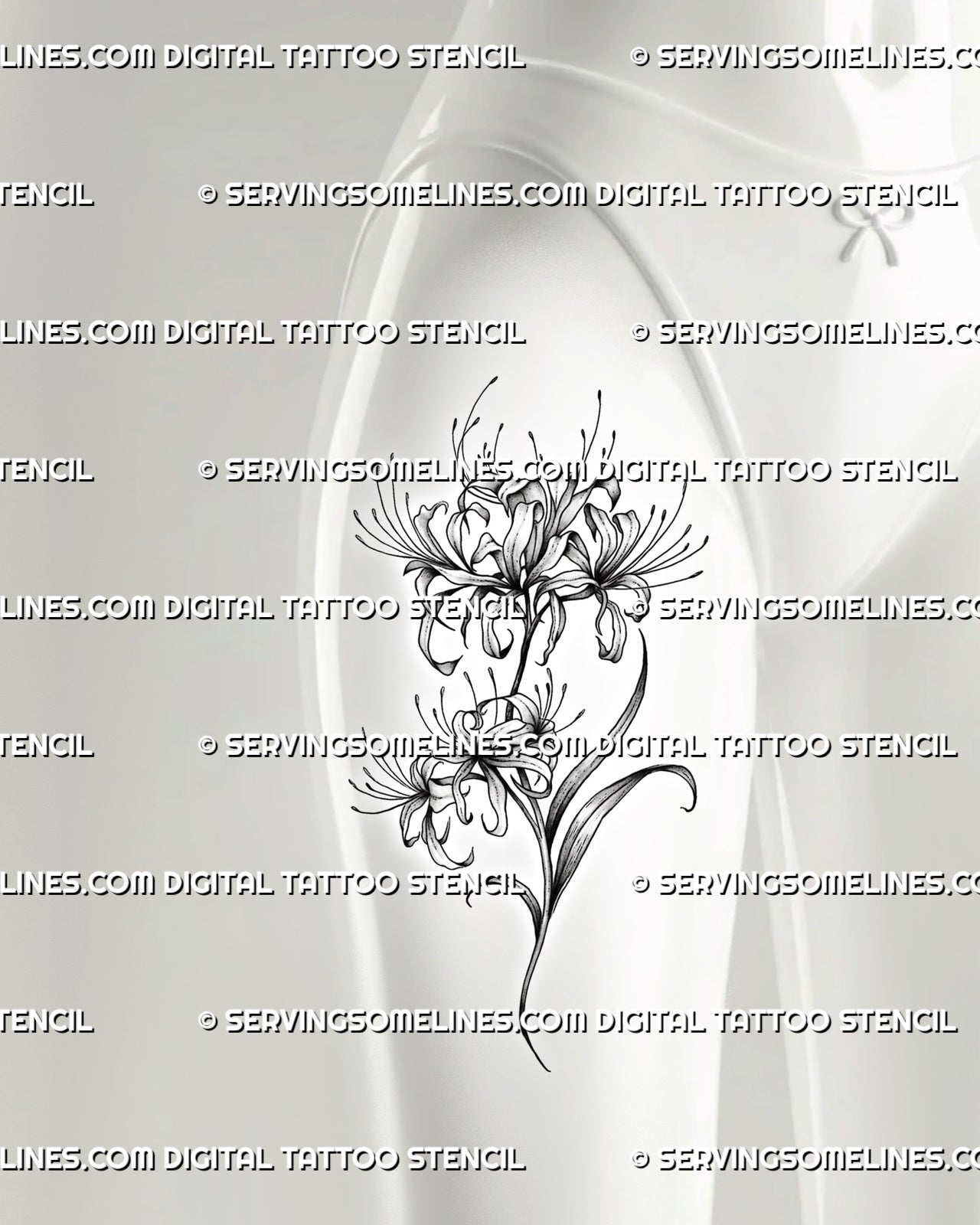 Spider lily tattoo design shown on women’s thigh placement, with long stamens, vertical flower flow, and botanical shading 