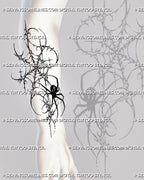 Spider on web tattoo shown on the forearm with a vertical cybersigilism web, solid black spider, spiky junctions, stars, and raw gothic linework