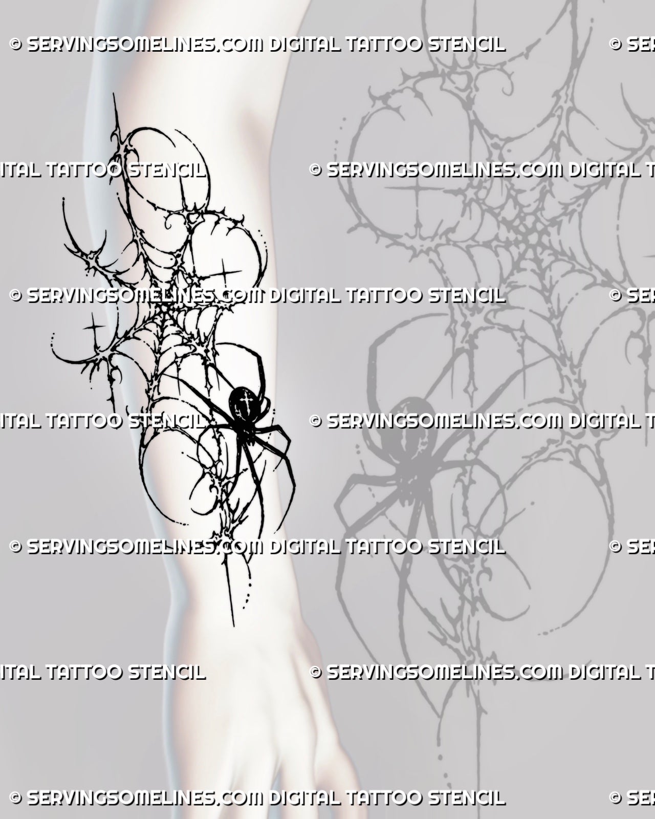 Spider on web tattoo shown on the forearm with a vertical cybersigilism web, solid black spider, spiky junctions, stars, and raw gothic linework