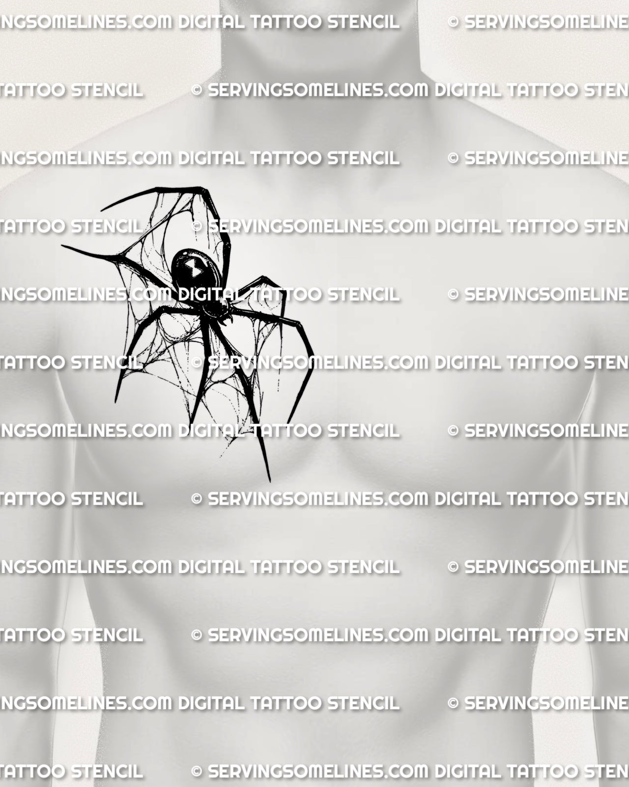 Spider tattoo stencil shown on men’s side chest placement with black widow body, web texture, and sharp leg shape.
