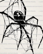 Spider web tattoo stencil with black widow body, hourglass abdomen detail, sharp legs, and dark web texture.