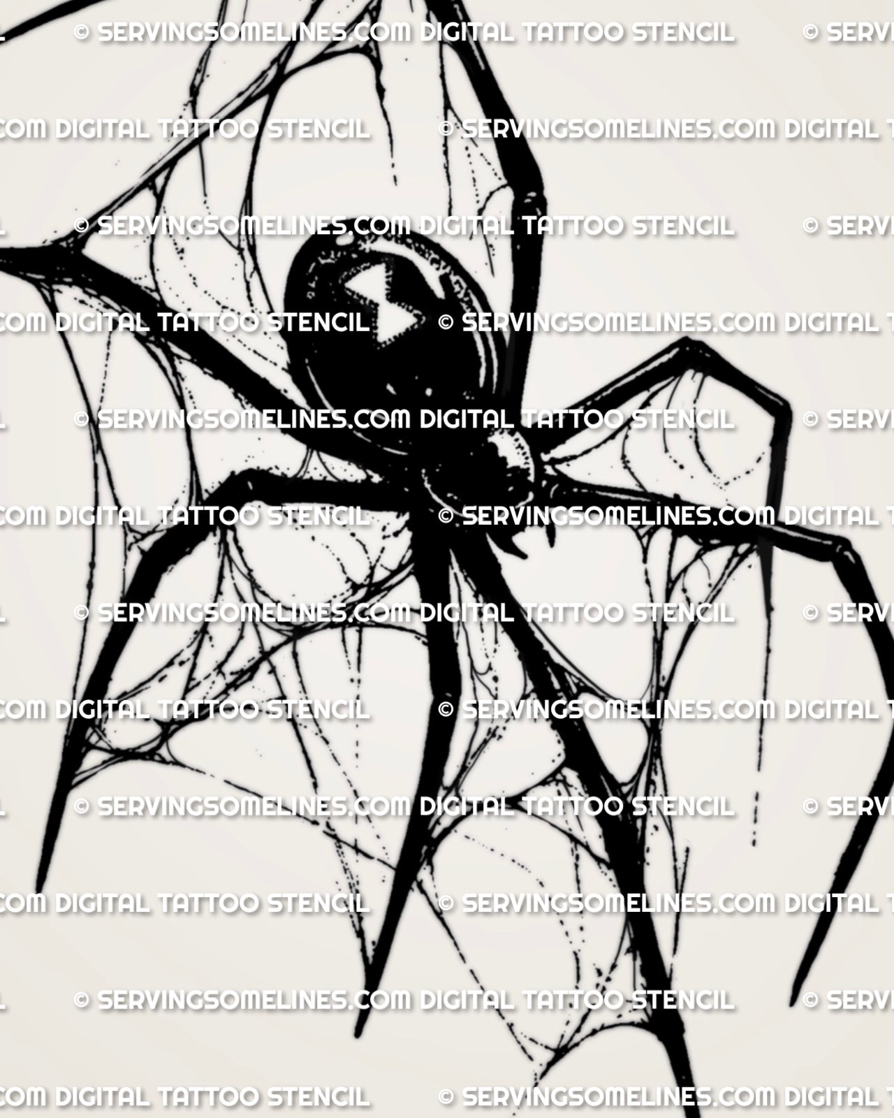 Spider web tattoo stencil with black widow body, hourglass abdomen detail, sharp legs, and dark web texture.