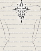 Spiked cyber sigilism cross stencil shown on upper back placement, with long vertical flow and dark gothic tribal details