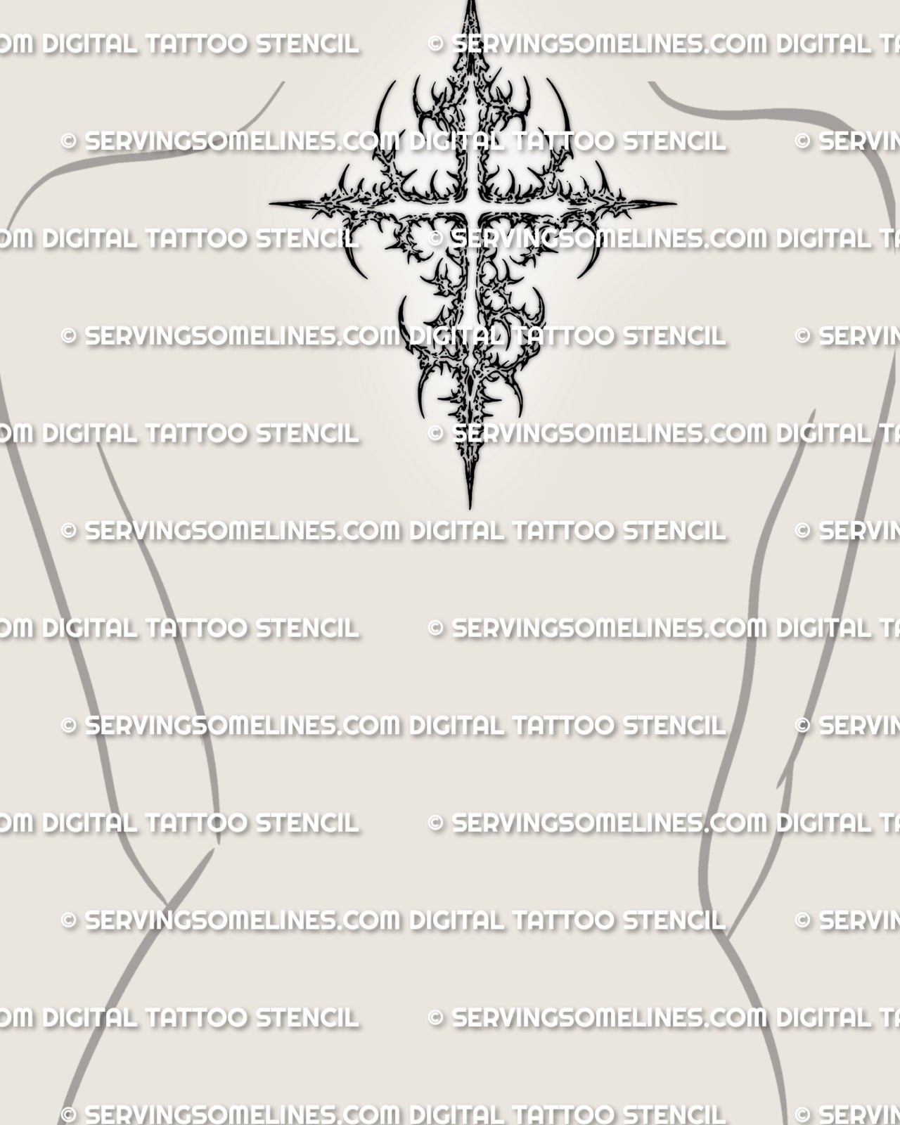 Spiked cyber sigilism cross stencil shown on upper back placement, with long vertical flow and dark gothic tribal details
