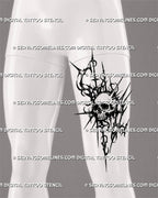 Spiky blackwork skull tattoo shown on a man’s front thigh with angled skull, long pointed extensions, distressed stippling, and abstract neotribal details