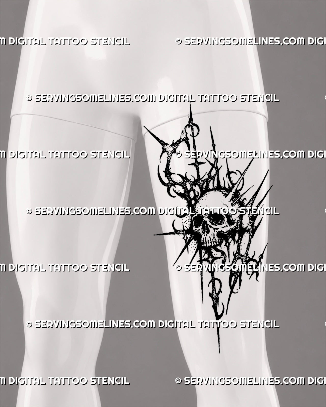 Spiky blackwork skull tattoo shown on a man’s front thigh with angled skull, long pointed extensions, distressed stippling, and abstract neotribal details
