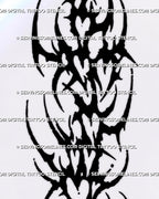 Close-up of spiky cybersigilism heart tattoo details with distorted blackwork hearts, sharp hooks, negative-space openings, curved points, and small star accents