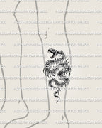 Spiky serpent tattoo stencil shown on calf placement with exposed rib detail, snake skull head, and long skeletal body.