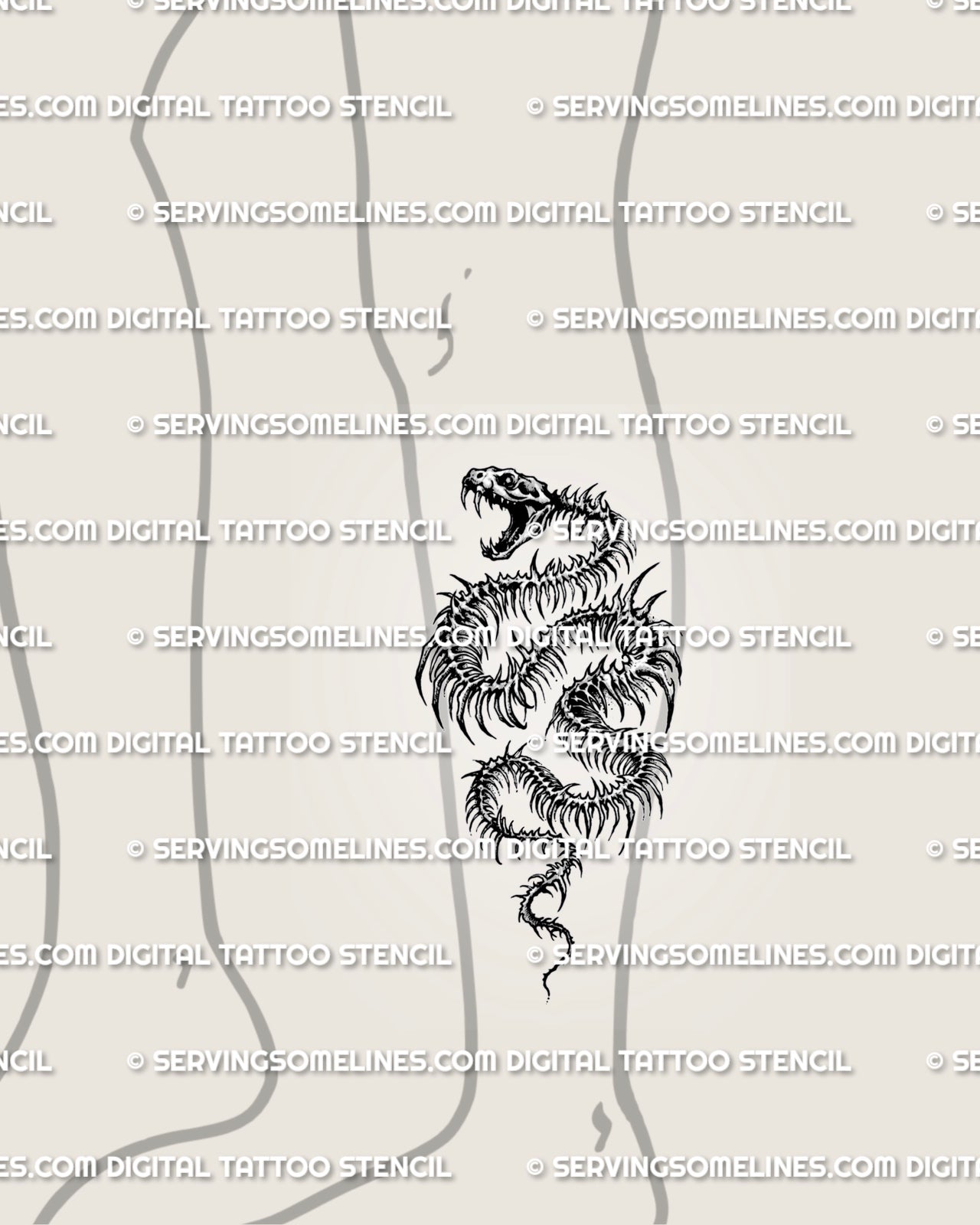 Spiky serpent tattoo stencil shown on calf placement with exposed rib detail, snake skull head, and long skeletal body.