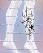 Spiky spider web tattoo shown on the outer calf with a black spider, stretched web cells, hooked points, scattered stars, and abstract dark linework