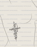 Spiky cybercore cross tattoo stencil for side rib placement, blending gothic curves and tribal sharpness, both strong and symbolic.