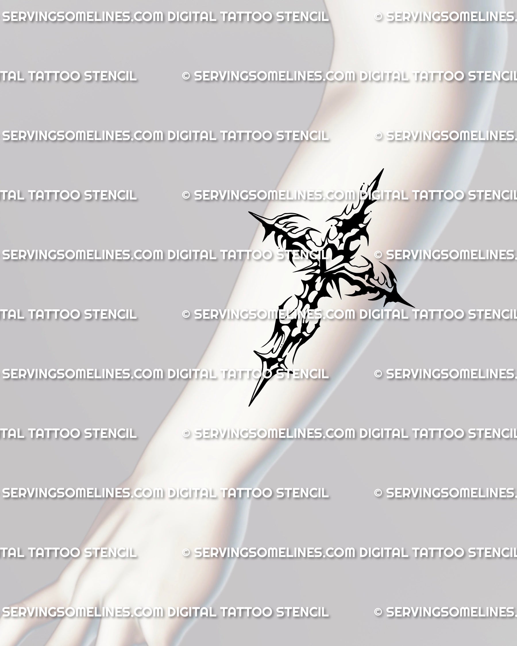 Spiky blackwork cross design for forearm tattoo, ornamental cybertribal crucifix linework with gothic rhythm.