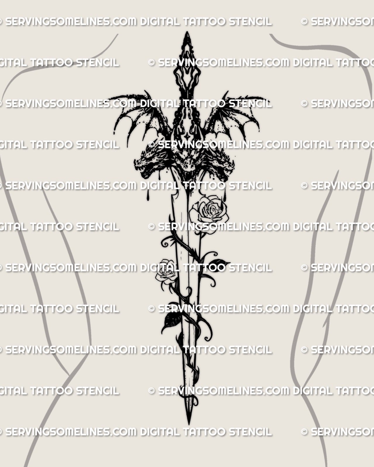 womens spine tattoo mockup showing long dragon rose sword with wings and vines, gothic fantasy dagger design aligned down the center back