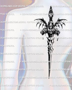 mannequin mockup displaying vertical fantasy sword tattoo along the spine with gothic medieval handle details and long blade alignment
