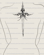 Spine sword tattoo design download for female back; elongated blackwork blade aligns to the midline, elegant protective vibe, crafted to stay crisp from nape to lower back.