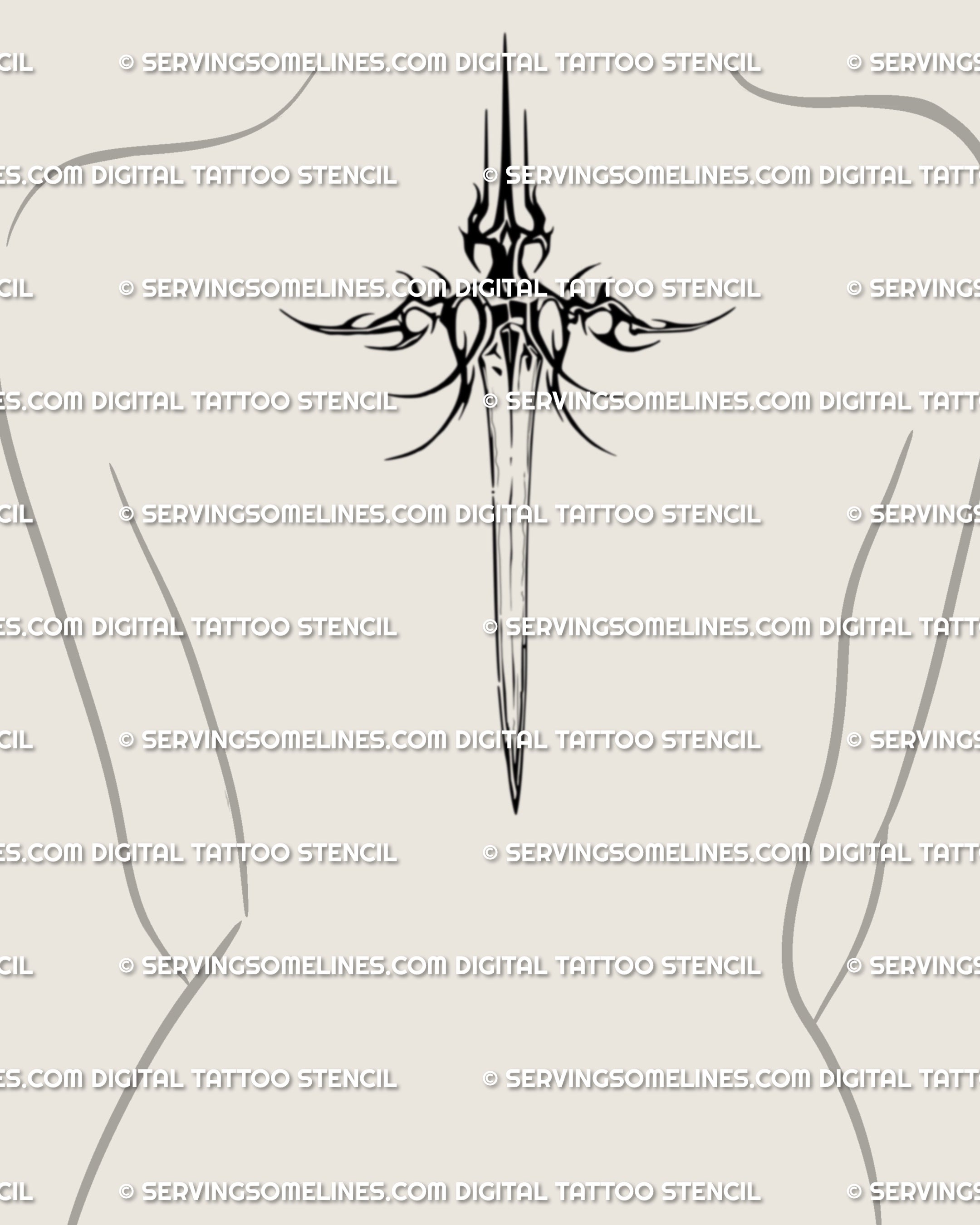 Spine sword tattoo design download for female back; elongated blackwork blade aligns to the midline, elegant protective vibe, crafted to stay crisp from nape to lower back.