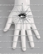 Spiritual eye tattoo stencil shown on top of hand, with long sacred rays, celestial dots, star marks, and clear eye detail.